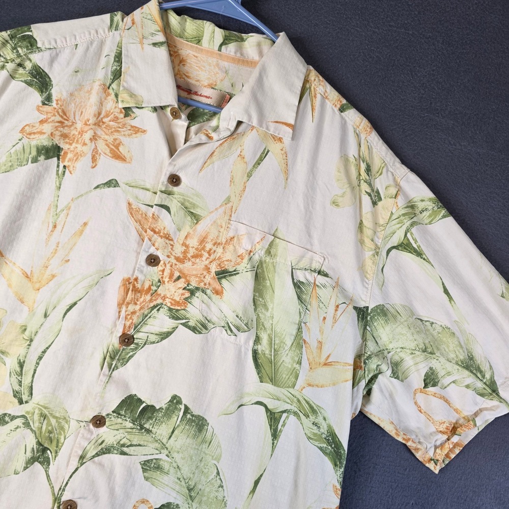 Tommy Bahama Button Up Mens XL Cream Floral Silk Short Sleeve Camp Shirt